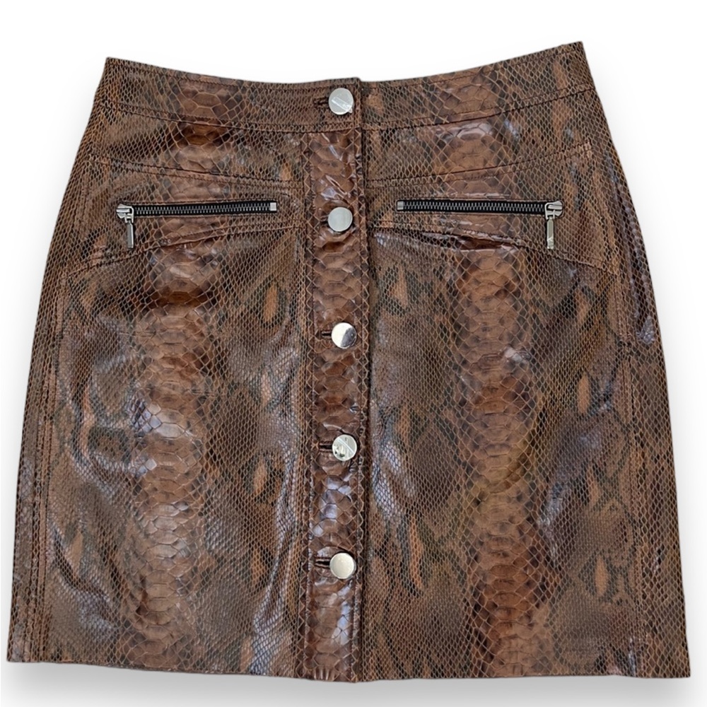 ELIE TAHARI Tammy Snakeskin Embossed Brown Leather Skirt, Size 6